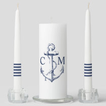 Nautical Anchor Navy Blue Monogram Stripe Unity Candle Set