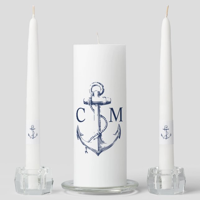 Nautical Anchor Navy Blue Monogram Unity Candle Set (Front)