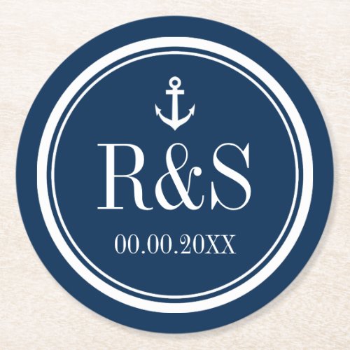 Nautical anchor navy blue monogram wedding coaster
