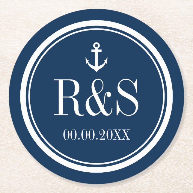 Nautical anchor navy blue monogram wedding coaster (Front)