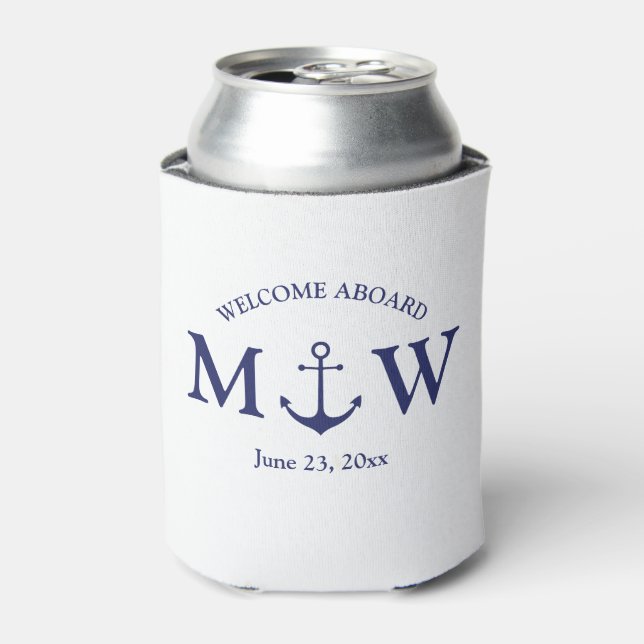 Nautical anchor navy blue monogram wedding favors can cooler (Can Front)