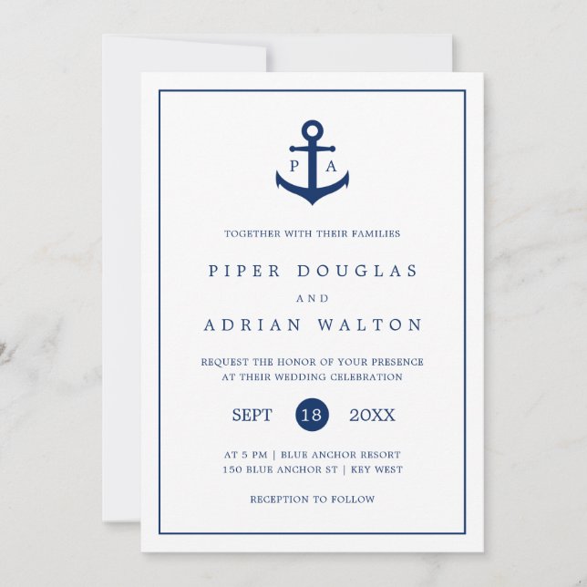 Nautical Anchor Navy Blue Monogram Wedding Invitation (Front)