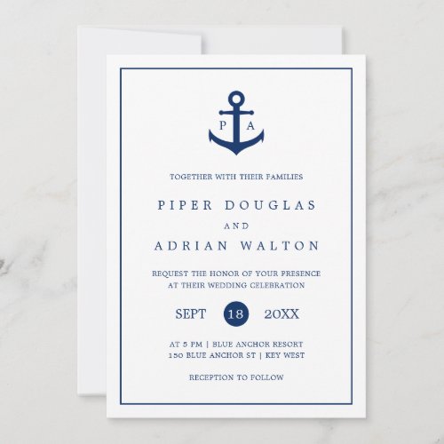 Nautical Anchor Navy Blue Monogram Wedding Invitation