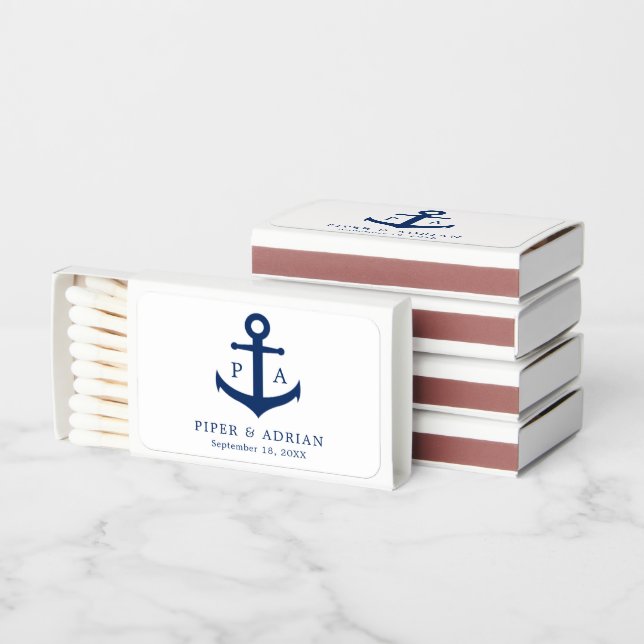 Nautical Anchor Navy Blue Monogram Wedding Matchboxes (Stacked)