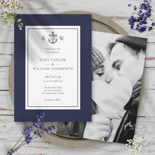 Nautical Anchor Navy Blue Monogram Wedding Photo Invitation