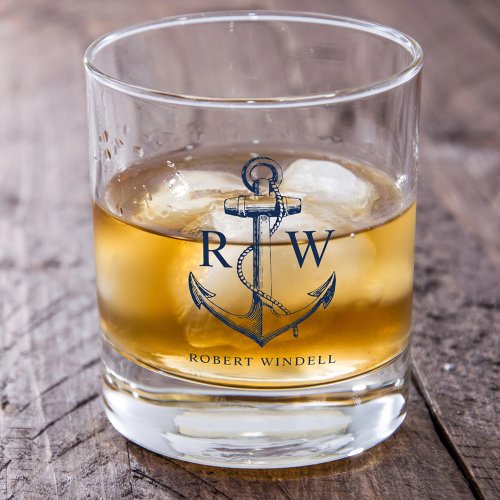 Nautical Anchor Navy Blue Monogram Whiskey Glass