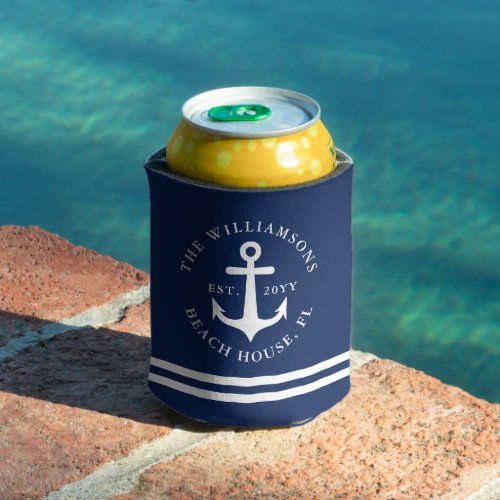 Nautical Anchor Navy Blue Monogrammed Beach House Can Cooler