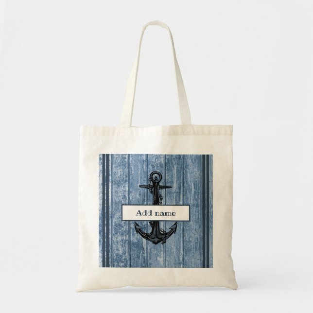 Nautical Anchor Navy Blue Name Back To School Tote Bag (Front)