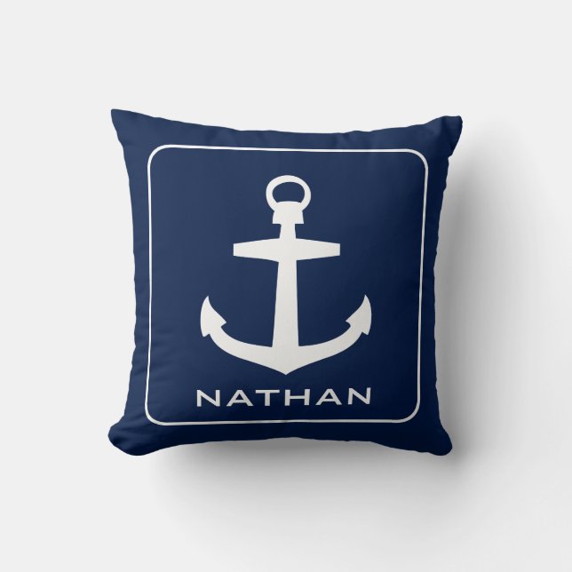 Nautical Anchor Navy Blue Name Custom Throw Pillow (Front)