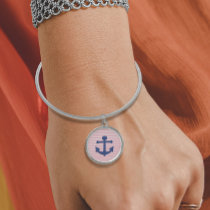 Nautical Anchor Navy Blue &amp; Pastel Pink &amp; White Bangle Bracelet