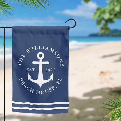 Nautical Anchor Navy Blue Personalized Beach House Garden Flag