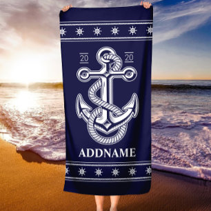 Nautical Anchor Navy Blue Personalized Beach Towel