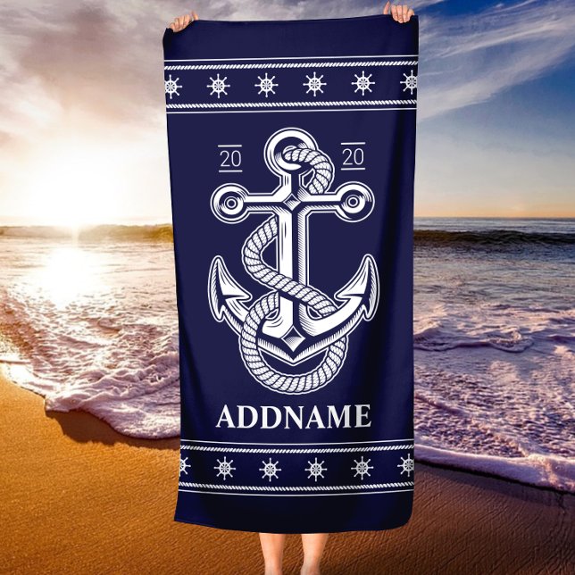 Nautical Anchor Navy Blue Personalized Beach Towel (Nautical Anchor Navy Blue Personalized Beach Towel)