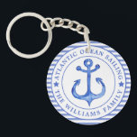 Nautical Anchor Navy Blue Personalized Keychain<br><div class="desc">NewparkLane - Modern design Round Pillow, with a navy blue striped pattern and an anchor in a circular white frame. Add your family name or other personal text in the frame around the anchor. Easy to customize in Zazzle with your own text for a personalized design. All text style, colors...</div>