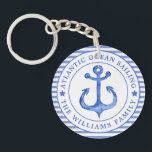 Nautical Anchor Navy Blue Personalized Keychain<br><div class="desc">NewparkLane - Modern design Round Pillow, with a navy blue striped pattern and an anchor in a circular white frame. Add your family name or other personal text in the frame around the anchor. Easy to customize in Zazzle with your own text for a personalized design. All text style, colors...</div>
