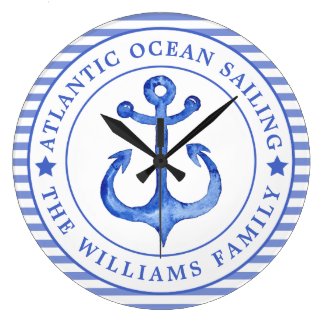 Nautical Anchor Navy Blue Personalized Large Clock