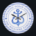 Nautical Anchor Navy Blue Personalized Large Clock<br><div class="desc">NewparkLane - Modern design wall clock, with a navy blue striped pattern and an anchor in a circular white frame. Add your family name or other personal text in the frame around the anchor. Easy to customize in Zazzle with your own text for a personalized design. All text style, colors...</div>