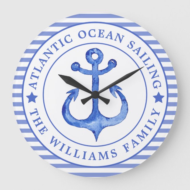 Nautical Anchor Navy Blue Personalized Large Clock (Front)