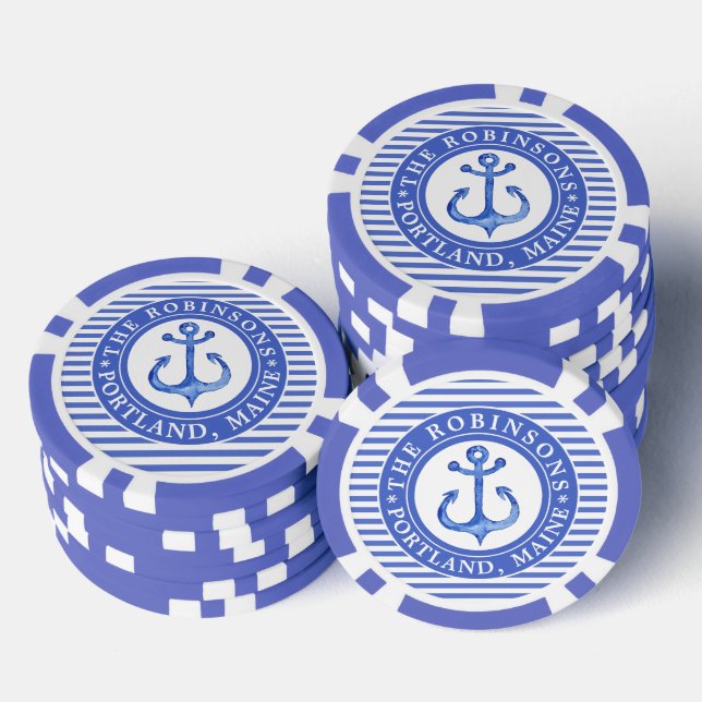 Nautical Anchor Navy Blue Personalized Poker Chips (Stack)