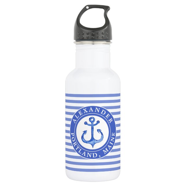 Nautical Anchor Navy Blue Personalized  Stainless Steel Water Bottle (Front)