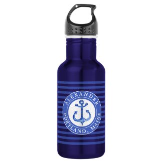Nautical Anchor Navy Blue Personalized  Stainless Steel Water Bottle