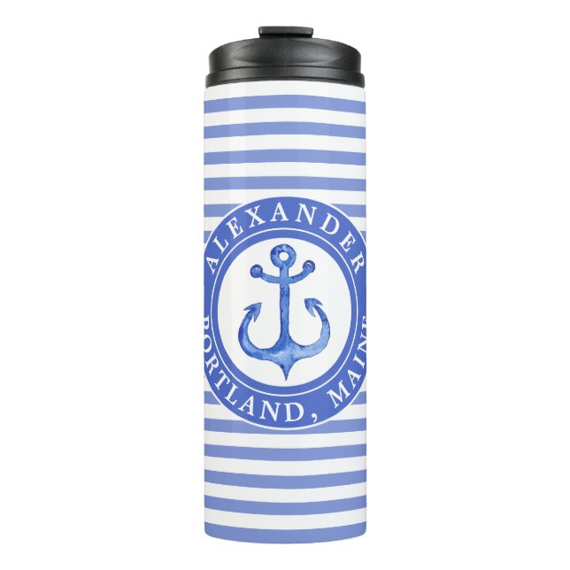 Nautical Anchor Navy Blue Personalized Thermal Tumbler (Front)