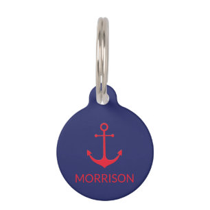 Nautical Anchor navy blue red dog Name info Custom Pet ID Tag