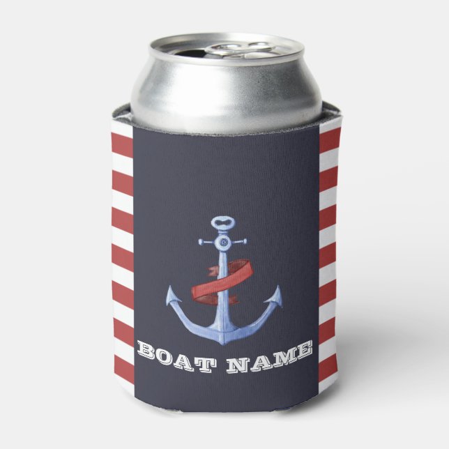 Nautical Anchor Navy Blue,Red Stripes Can Cooler (Can Front)