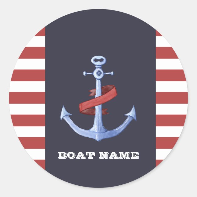 Nautical Anchor,Navy Blue,Red Stripes Classic Round Sticker (Front)