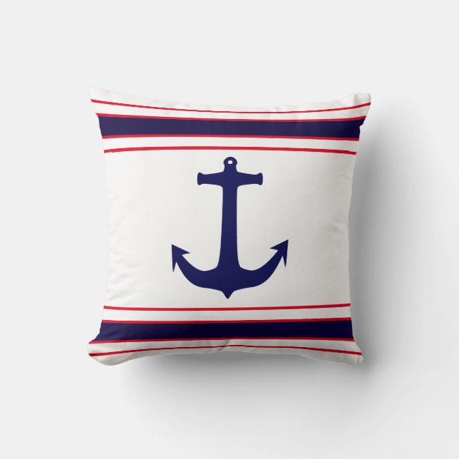 Nautical Anchor Navy Blue Red Stripes Throw Pillow (Front)
