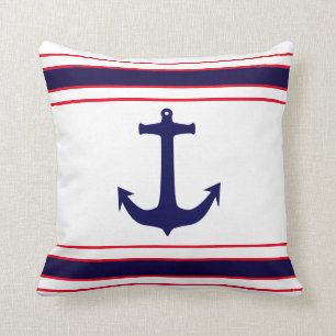 Nautical Anchor Navy Blue Red Stripes Throw Pillow