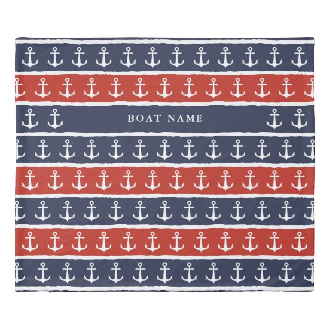 Nautical Anchor Navy Blue Red White Boat Name Duvet Cover (Back)