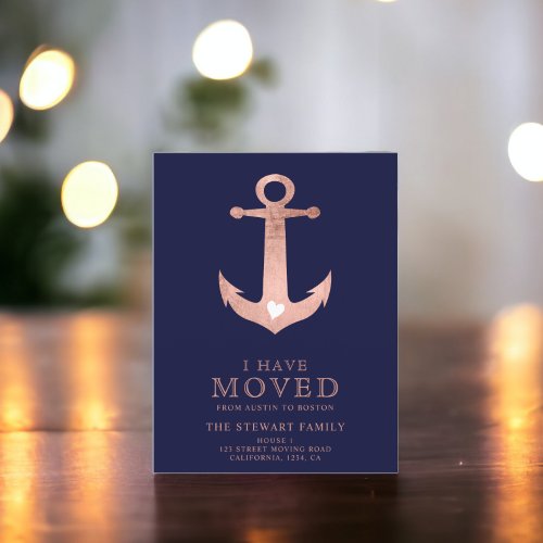 Nautical anchor navy blue rose gold home moving announcement postcard