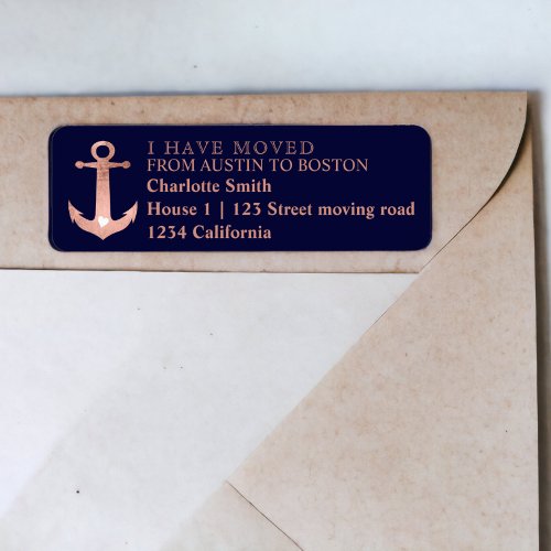 Nautical anchor navy blue rose gold home moving label