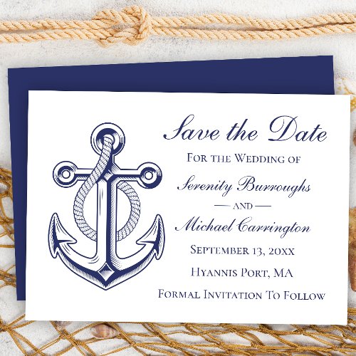 Nautical Anchor Navy Blue Save the Date Wedding Invitation