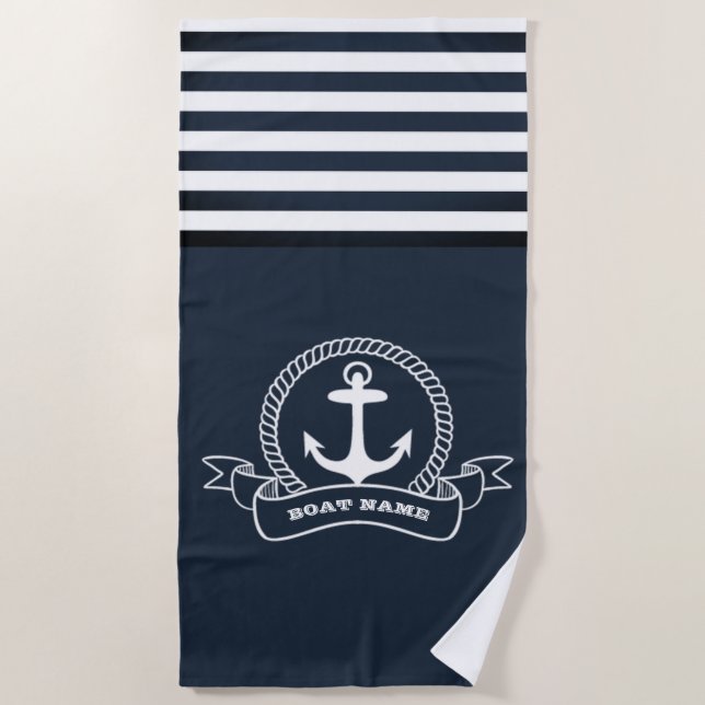 Nautical Anchor Navy Blue Stripe  Beach Towel (Front)