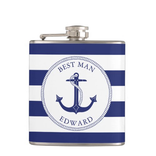 Nautical Anchor Navy Blue Stripe Best Man Flask