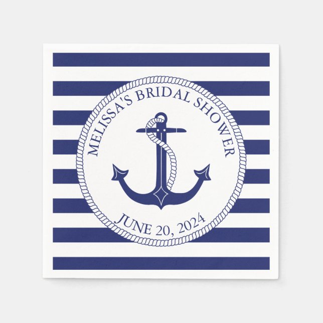 Nautical Anchor Navy Blue Stripe Bridal Shower Napkins (Front)