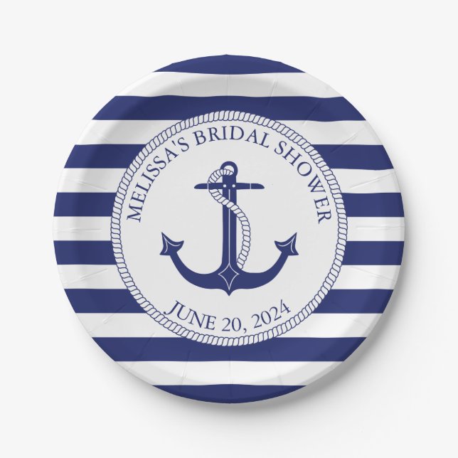Nautical Anchor Navy Blue Stripe Bridal Shower Paper Plates (Front)