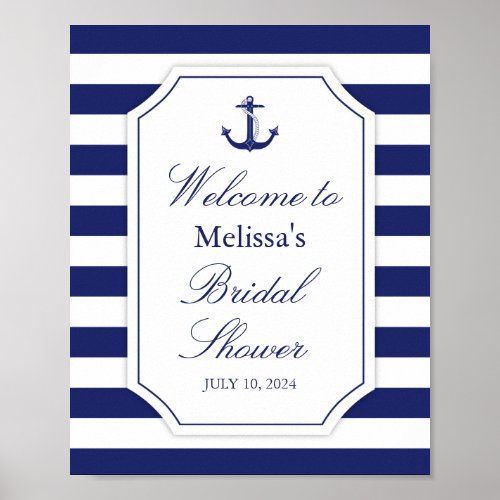 Nautical Anchor Navy Blue Stripe Bridal Shower Poster