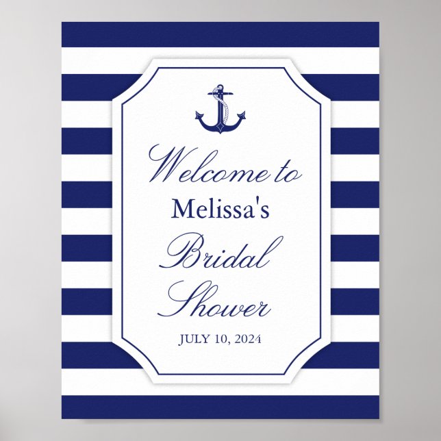 Nautical Anchor Navy Blue Stripe Bridal Shower Poster (Front)