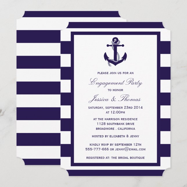 Nautical Anchor Navy Blue Stripe Engagement Party Invitation (Front/Back)