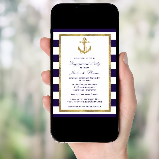 Nautical Anchor Navy Blue Stripe Engagement Party  Invitation (Front Digital)