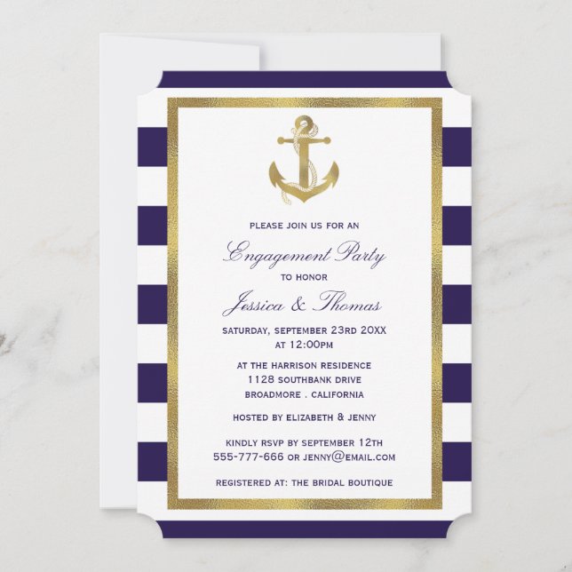 Nautical Anchor Navy Blue Stripe Engagement Party  Invitation (Front)