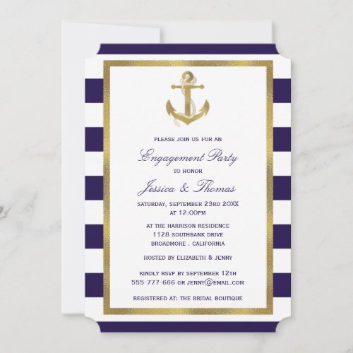 Nautical Anchor Navy Blue Stripe Engagement Party  Invitation