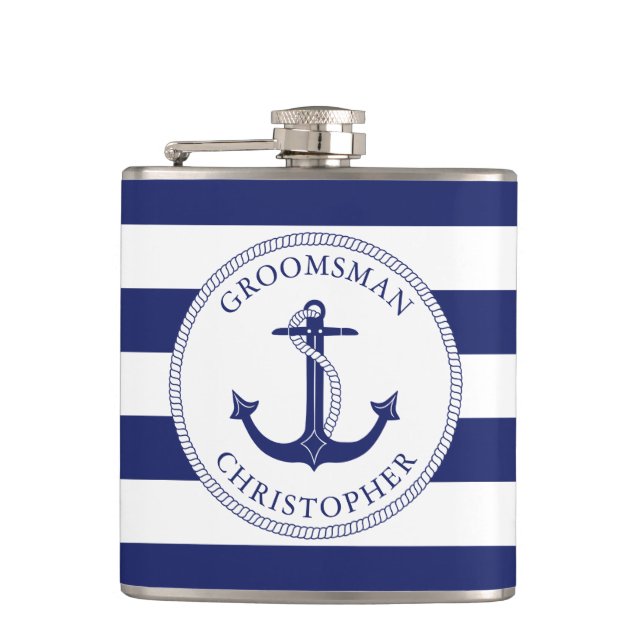 Nautical Anchor Navy Blue Stripe Groomsman Flask (Front)