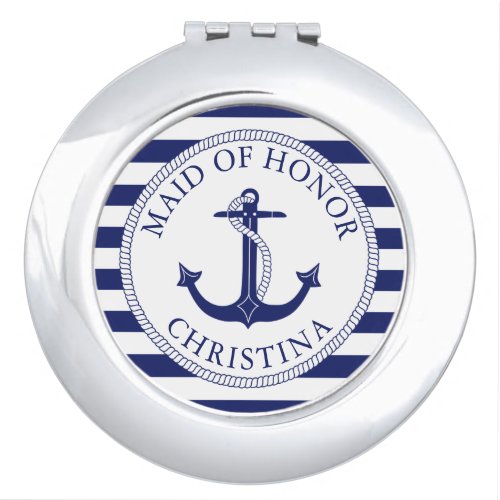 Nautical Anchor Navy Blue Stripe Maid of Honor Compact Mirror