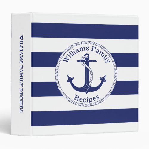 Nautical Anchor Navy Blue Stripe Monogram Recipe 3 Ring Binder