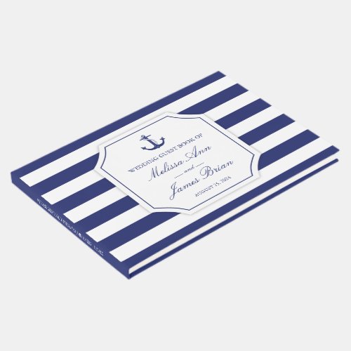 Nautical Anchor Navy Blue Stripe Monogram Wedding Guest Book