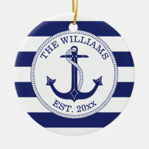 Nautical Anchor Navy Blue Stripe Monogrammed Ceramic Ornament